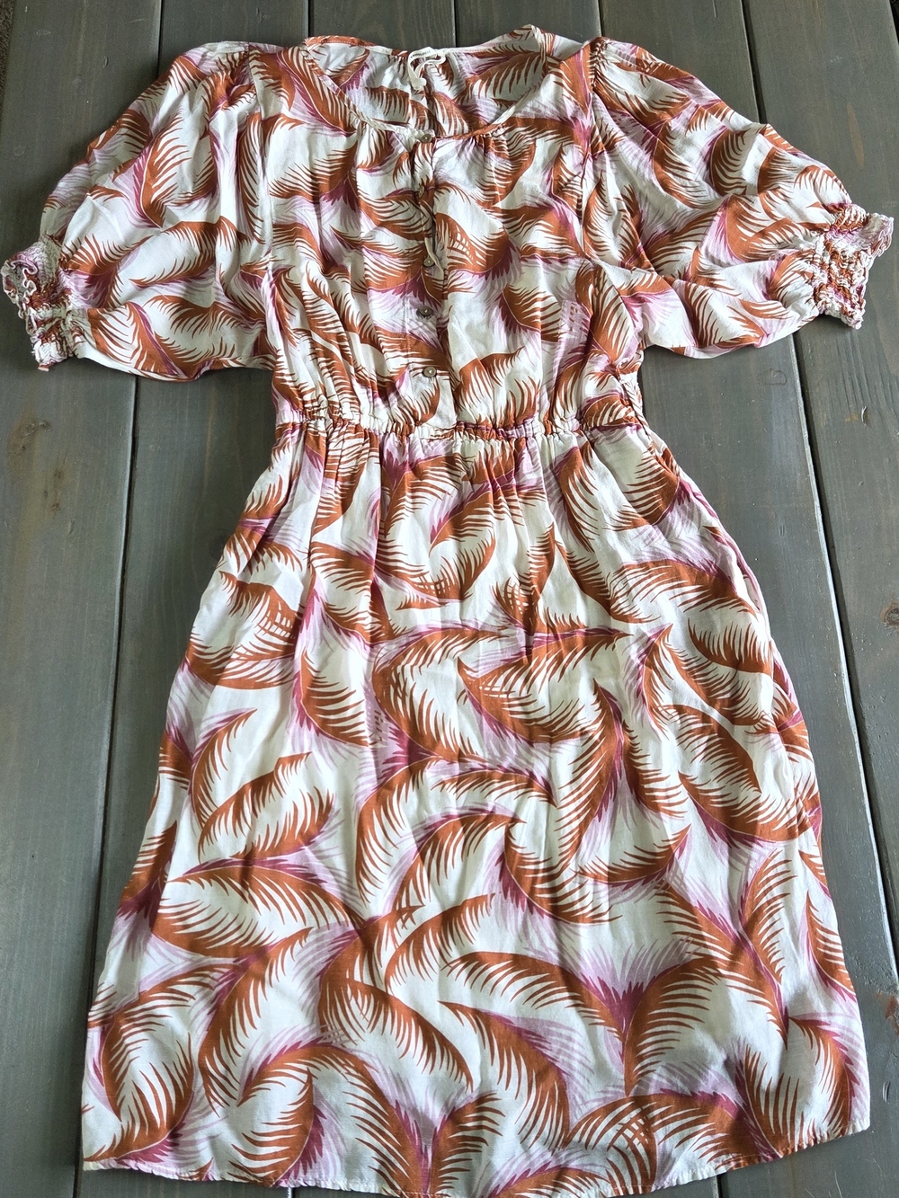 Anthro Palm Print Boho Dress Size S Pink Orange Button Front Elastic Waist